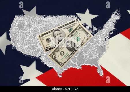 The Outline of the USA with two styles of Five Dollar bills Stock Photo