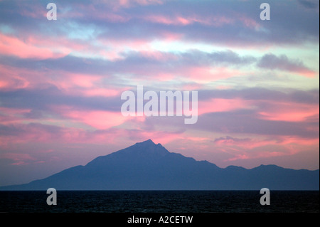 Holy Mount Athos and peninsula at sunset Stock Photo