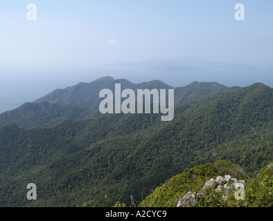 VIEW FROM THE CURVED PEDESTRIAN BRIDGE PART OF THE CABLE CAR ATTRACTION  GUNUNG MAT CINCANG BURAU BAY LANGKAWI MALAYSIA Stock Photo