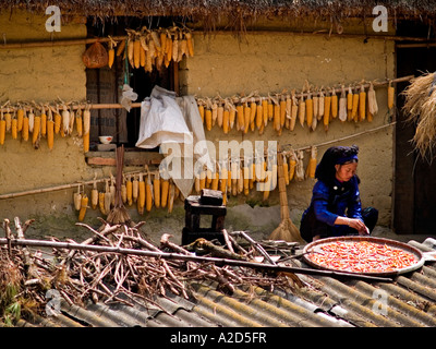Hani woman drying corn and chilies on her roof Yuanyang China Stock Photo