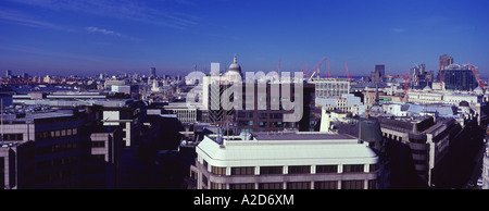 Panoramic format aerial view of central London looking west towards St Pauls cathedral with blue sky 2007 Stock Photo