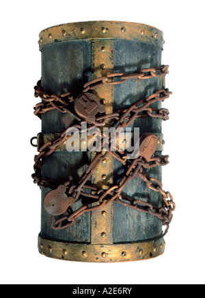 Treasure chest secured with rusty chains and padlocks on a white backgrounds. Studio image. Stock Photo