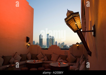 United Arab Emirates Dubai One Only Royal Mirage Arabian court five star Hotel at Jumeirah beach Rooftop bar sunset Stock Photo