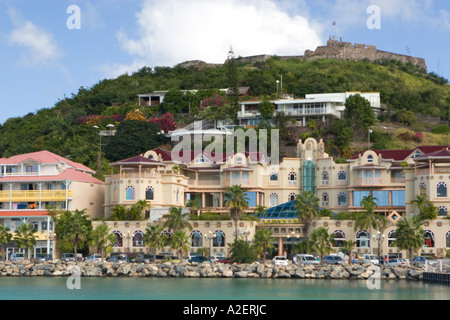 Fort St. Louis sits atop a hill above a modern day luxury shopping mall in Marigot, St. Martin. Stock Photo