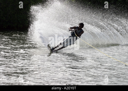 A skilled local teenager waterskiing, Bentota, Sri Lanka Stock Photo