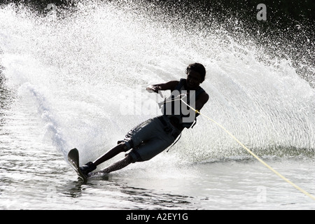 A skilled local teenager water skiing, Bentota, Sri Lanka Stock Photo