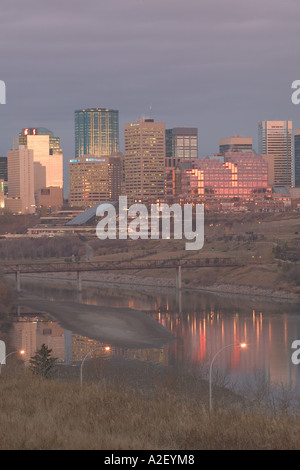 Canada, Alberta, Edmonton: Downtown Skyline / Dawn from above North Saskatchewan River Stock Photo