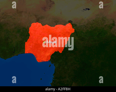 Highlighted Satellite Image Of Nigeria With Capital Abuja Shown Stock Photo