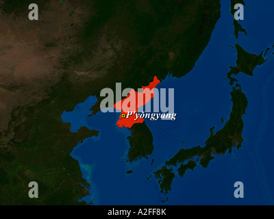 Highlighted Satellite Image Of North Korea With Capital Pyongyang Shown Stock Photo