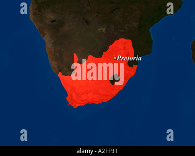 Highlighted Satellite Image Of The Republic Of South Africa With Capital Pretoria Shown Stock Photo