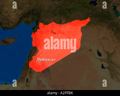 Highlighted Satellite Image Of Syria With Capital Damascus Shown Stock Photo