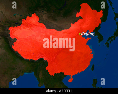 Highlighted Satellite Image Of China With The Capital Beijing Shown Stock Photo