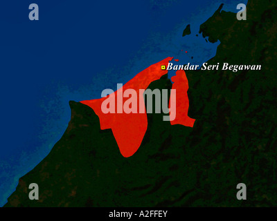 Highlighted Satellite Image Of Brunei With The Capital Bandar Seri Begawan Shown Stock Photo