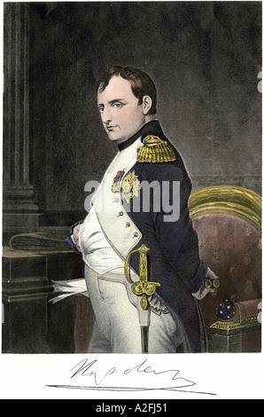 Napoleon Bonaparte in military uniform. Hand-colored steel engraving Stock Photo