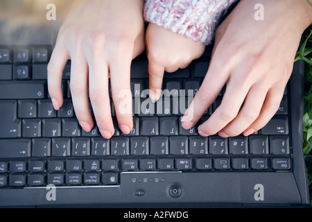 Hands on computer keyboard, close-up, elevated view, close-up Stock Photo