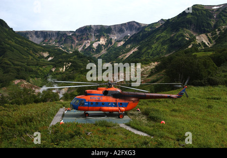 Asia, Russia, Russian Far East, Kamchatkan Peninsula. Helicopter taking off Stock Photo