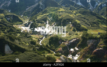 Asia, Russia, Russian Far East, Kamchatkan Peninsula, Kuril Islands. aerial view of the Valley of the Geysers Stock Photo