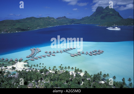 French Polynesia, Bora Bora Aerial; Pearl Beach Resort and cruiseship. Stock Photo