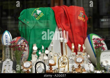 Rugby themed window display in jewellers in Cardiff city centre Wales UK Stock Photo