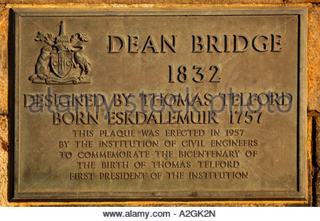 Plaque on the Dean Bridge Edinburgh, Scotland, in commemoration of Scottish engineer Thomas Telford Stock Photo