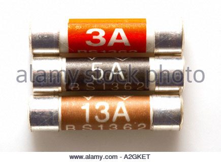 Three, five and thirteen amp fuses Stock Photo