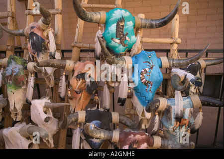 USA, New Mexico, Santa Fe: Downtown Santa Fe, Decorative Cow Skulls / Western Motif Stock Photo