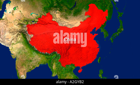 Satellite Image Of China Highlighted Red Stock Photo