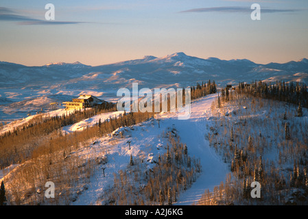 Thunderhead ski lodge at Steamboat ski area Mt Werner in evening light Colorado USA Stock Photo