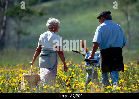 Mature couple walking through a field of yellow flowers while carrying a picnic lunch Stock Photo