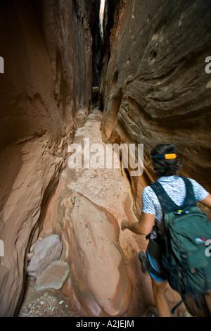 Jane Guyer canyoneering in Bluejohn canyon, Robbers Roost area, Utah Stock Photo