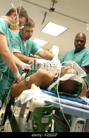 A real patient arrives in to the shock trauma unit by helicopter at the Washington Hospital Center Stock Photo
