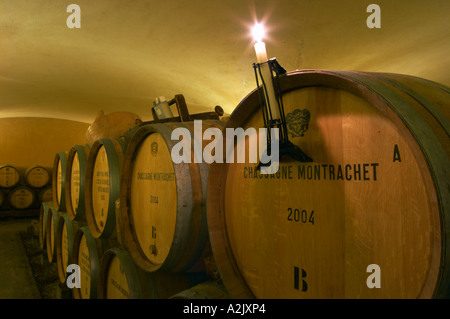 The old style vaulted barrel aging cellar with barriques pieces with maturing wine. A burning candle on a barrel stamped with Chassagne-Montrachet 2004 used for controlling if a racked wine is clear or cloudy, Maison Louis Jadot, Beaune Côte Cote d Or Bourgogne Burgundy Burgundian France French Europe European Stock Photo