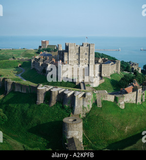 Dover Castle Keep and Roman Pharos overlooking harbour Kent UK aerial view Stock Photo