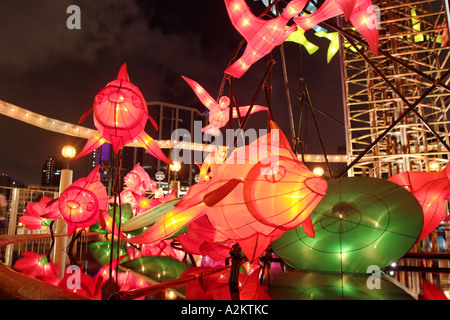 Illuminated lanterns above pond in celebration of Mid Autumn Festival Kowloon Park Tsim Sha Tsui Kowloon Hong Kong Kong SAR Stock Photo