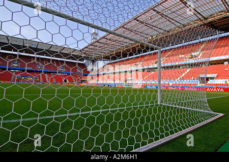 view from behind one of the goals of soccer pitch  at Cologne World Cup football stadium in Cologne Germany Stock Photo