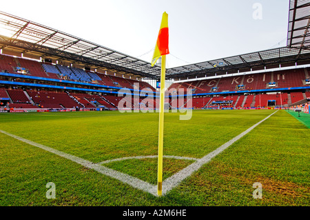view from one of the corner flags of soccer pitch  at Cologne  football stadium in Cologne Germany Stock Photo