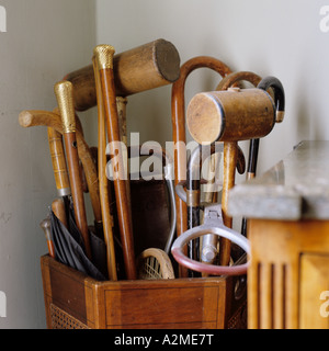 Collection of old fashioned walking and croquet sticks in an umbrella stand Stock Photo