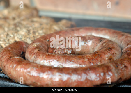 South African boerewors sausage and kebabs cooking on a barbecue. Stock Photo