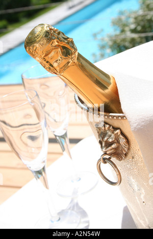 Close-up of Champagne bottle in ice bucket Stock Photo
