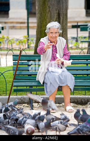 Senior woman feeding pigeons while sitting on bench, Algarve, Portugal Stock Photo