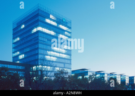 Low angle view of office building, Allianz Building, Frankfurt, Hesse, Germany Stock Photo