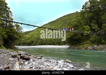 Swing bridge just of Highway 6 leading to the Blue Pool. Haast Pass, South Island, New Zealand. Stock Photo