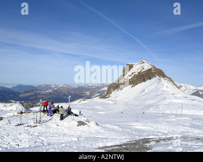 Skier and snowboarders on the Grandes Platieres 2480m. at Flaine ski resort in France Stock Photo