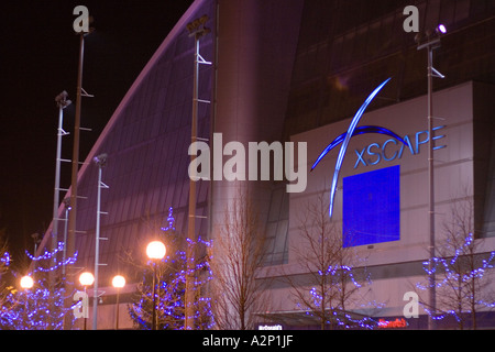 Xscape indoor snow slope, multiplex cinema and retail complex in Central Milton Keynes, at night with Christmas lights Stock Photo