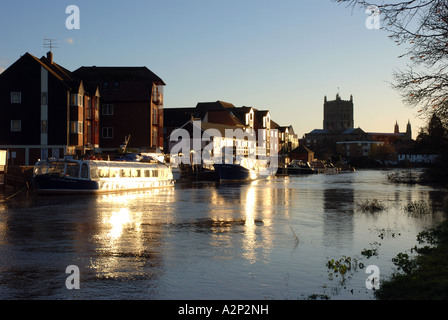 River Avon and Abbey during winter floods, Tewkesbury, Gloucestershire, England, UK Stock Photo