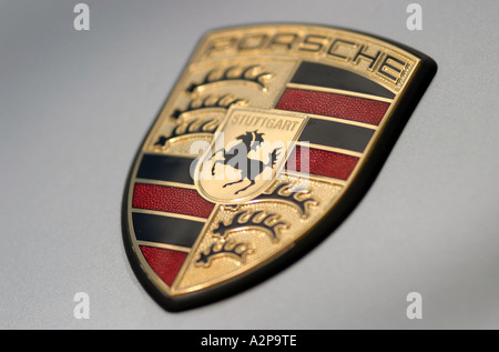 Porsche badge on a silver Porsche Turbo Stock Photo