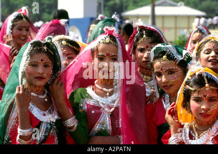 India South Andaman Island Port Blair Republic Day parade girls colourfully dressed in state costume Stock Photo