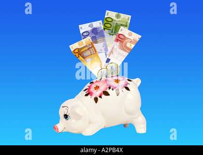 Money Pig with Euro Notes and 1-Euro coins Stock Photo