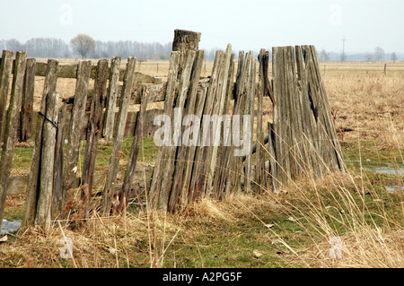 Old wooden fence on polish countryside Stock Photo
