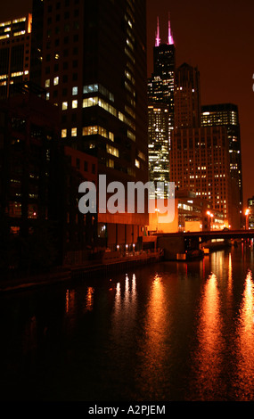 Chicago skyline and Chicago River at night  October 2006 Stock Photo